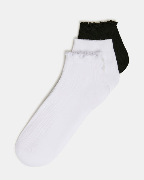 3 PACK EMMA LETTUCE EDGE SOCKS WHITE/BLACK Women's Anklet Socks | Steve Madden