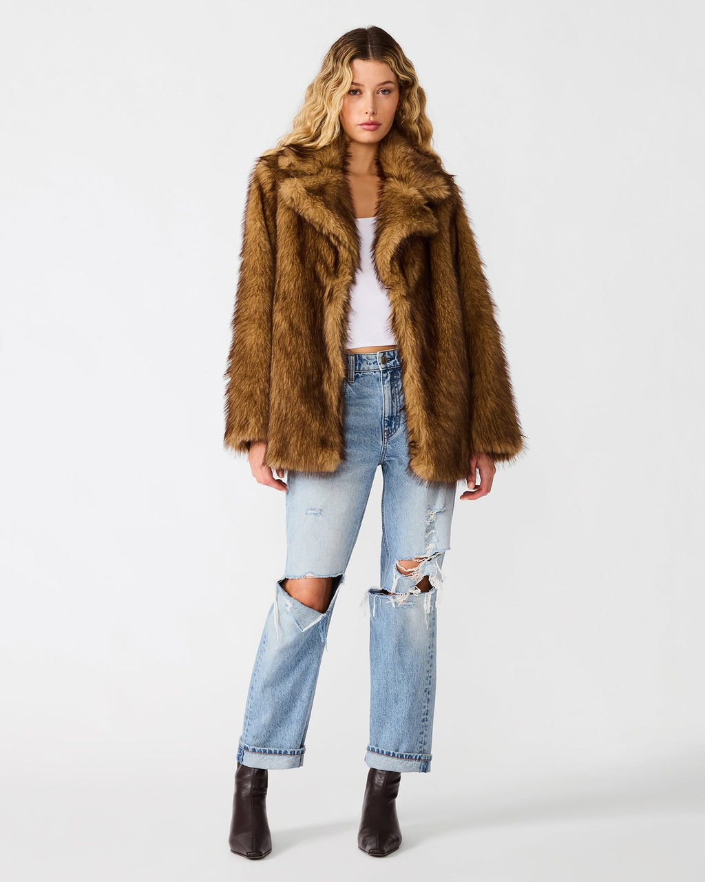 KINDRA Antelope Faux Fur Collared Women's Coat | Steve Madden