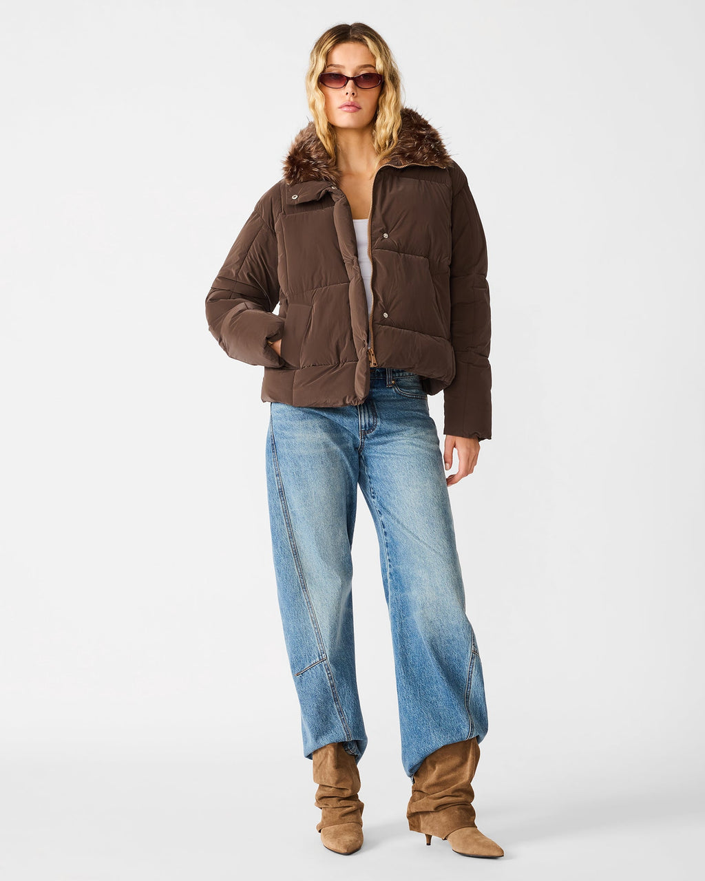 BERWIN Dark Toffee Faux Fur Button-Up Coat Women's Puffer Jacket | Steve Madden