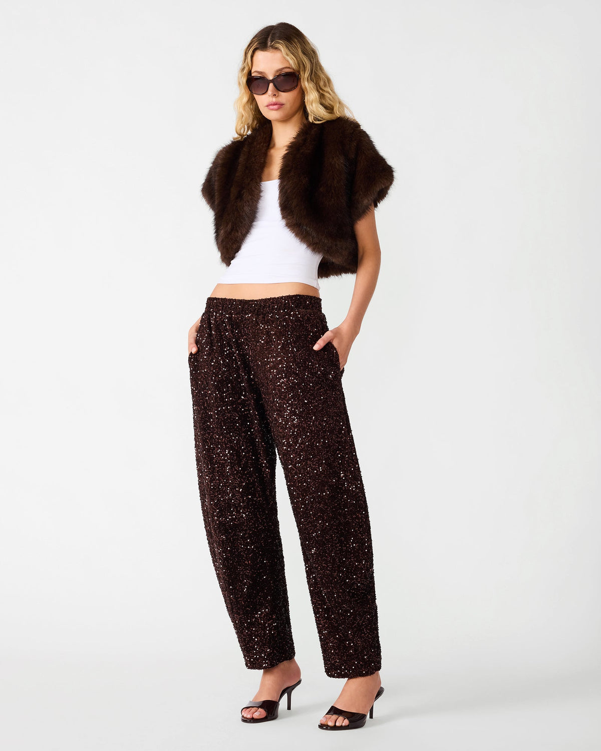 ARLET Dark Toffee Sequin Embellished Wide-Leg Women's Pants | Steve Madden