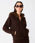 ANGELIQUE Dark Toffee Faux Fur Knit Zip-Up Sweater Women's Top | Steve Madden