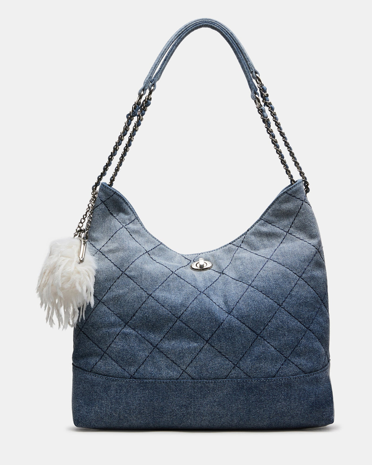 LENI Denim Quilted Slouchy Bag Charm Tote Handbag | Steve Madden