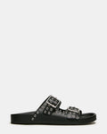 ABOTT Black Leather Grommet Buckles Footbed Slide Women's Sandal | Steve Madden