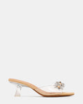 CHALENE Clear Rhinestone Flower Embellished Mule Women's Kitten Heel | Steve Madden