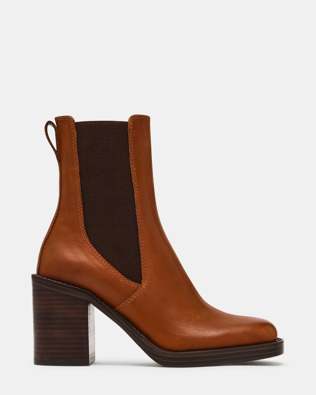 DALEY Cognac Leather Block Heel Chelsea Women's Ankle Boot | Steve Madden