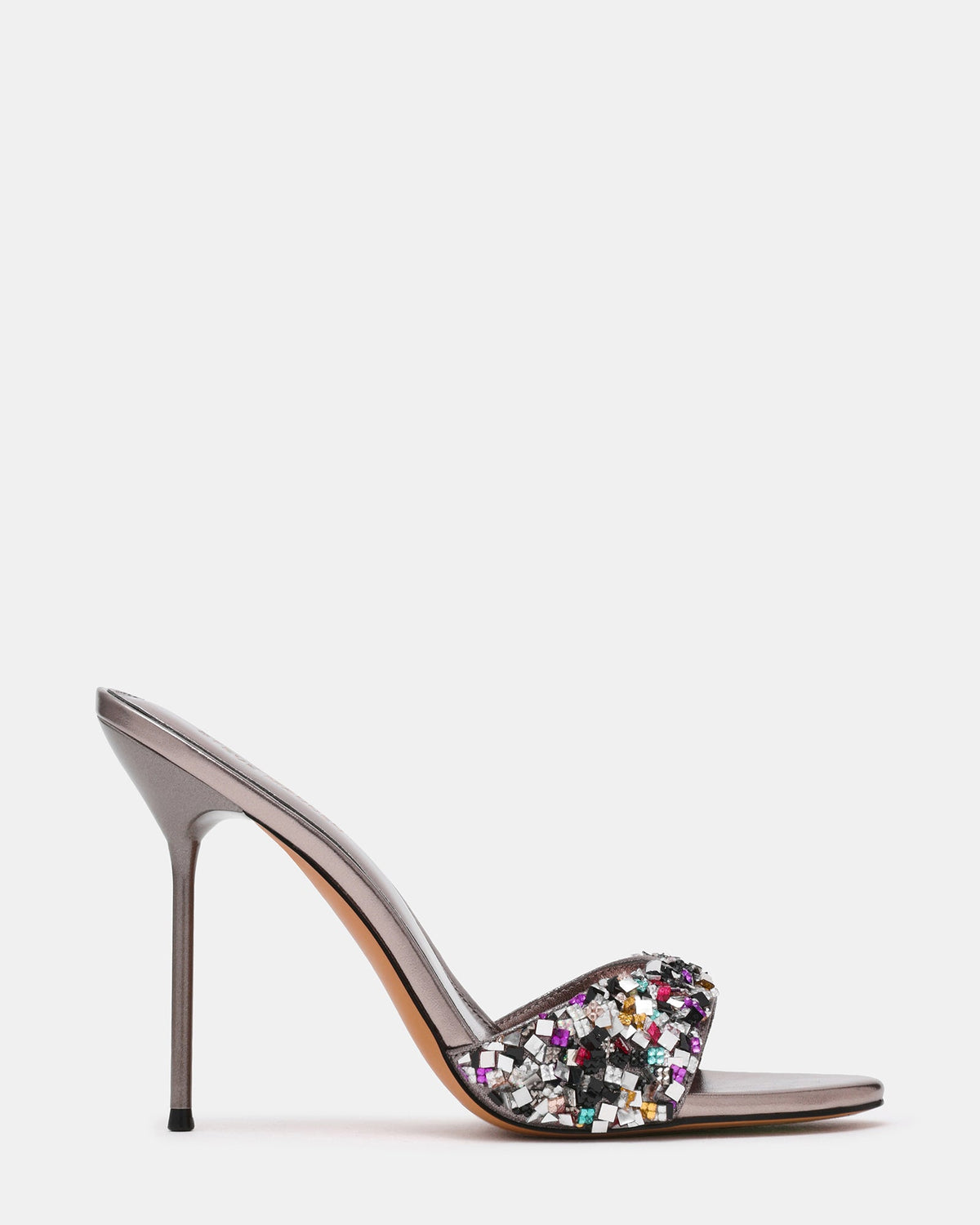 DAVINA Pewter Multi Rhinestones Open-Toe Mule Stiletto Women's Heel | Steve Madden