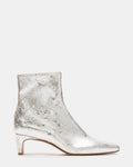 DELVIE Silver Leather Kitten Heel Ankle Boot | Women's Booties | Steve Madden