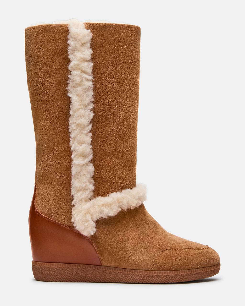 WOODSIDE Faux Fur Chestnut Suede Fold-Over Wedge Women's Boot | Steve Madden